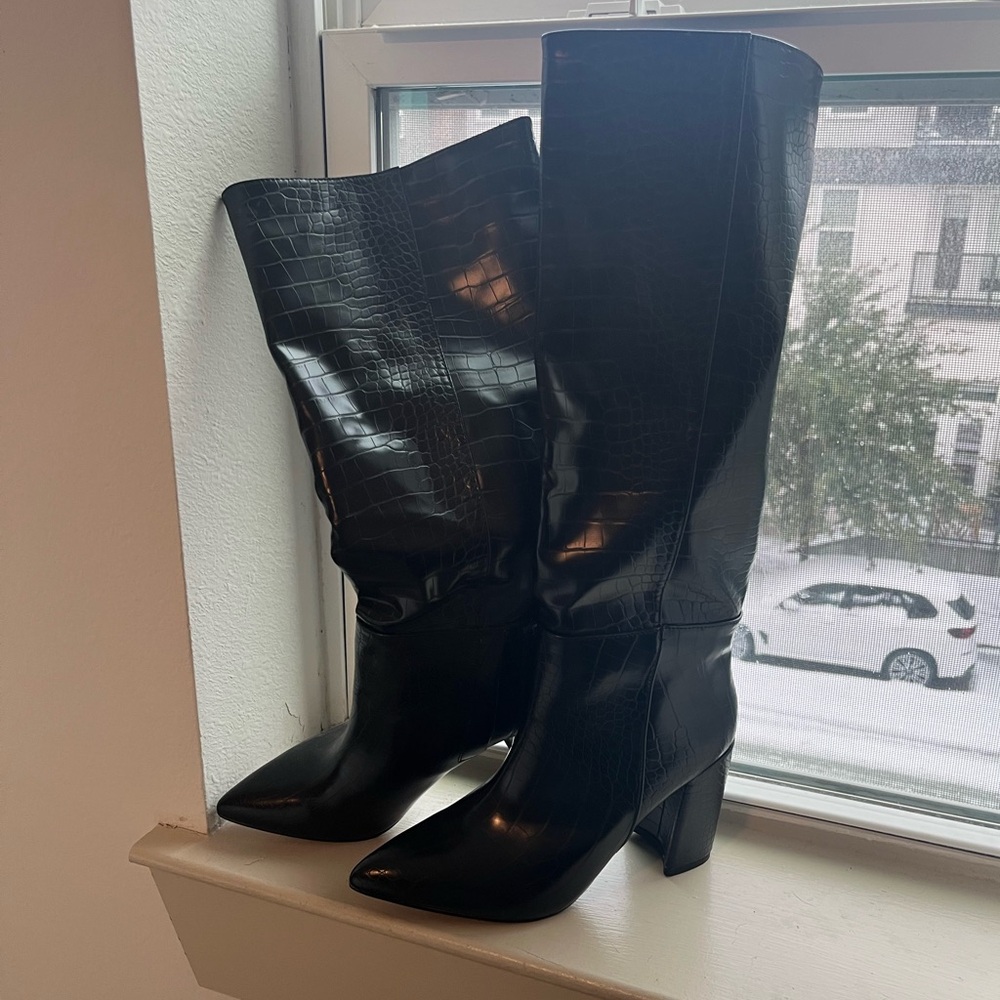 knee high faux snake skin boots